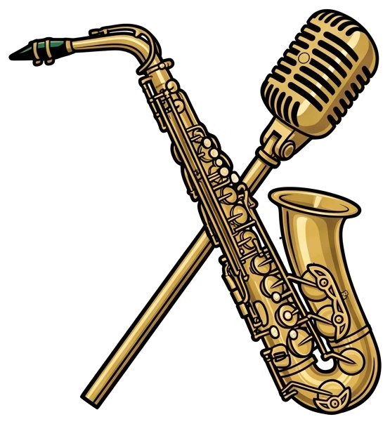 Ilustração art déco de um saxofone e um microfone antigo